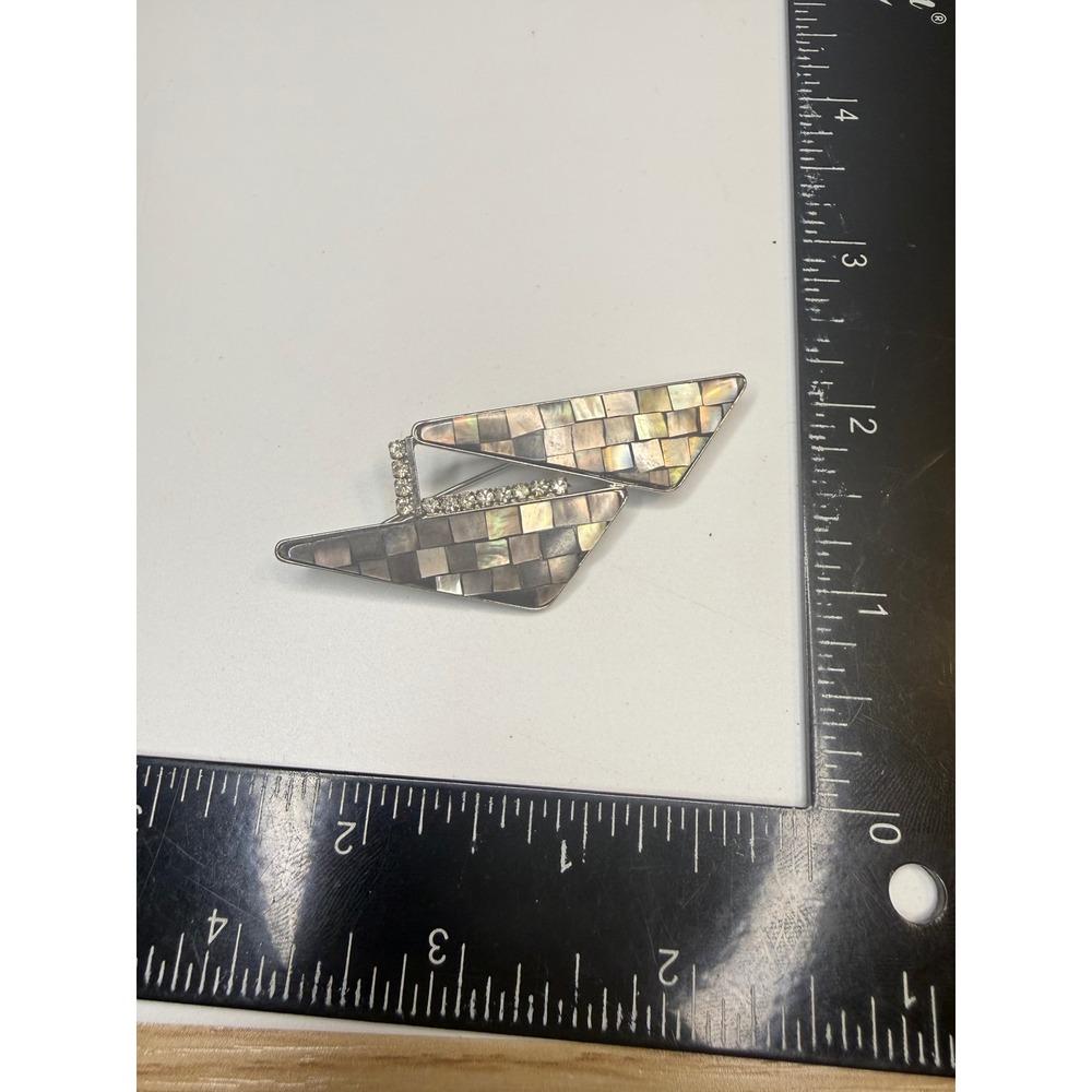Modernist Mother of Pearl Mosaic Geometric‎ Brooch Rhinestone Silver Tone Pin